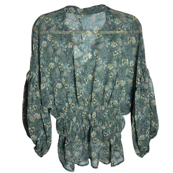 Line + Dot Green Semi-Sheer Floral Balloon Sleeve Blouse, NWT, Small - Picture 2 of 11